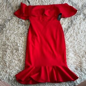 New Lulu's Vibrant Red Off-Shoulder Midi Dress